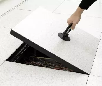 Raised floor system with computer room lift installation. Raised floor system with computer lift installation.